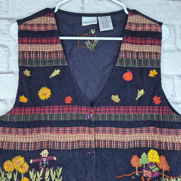 Vintage Bobbie Brooks Fall Corduroy Vest Embroidered Scarecrow Barn Patchwork L - Image 5