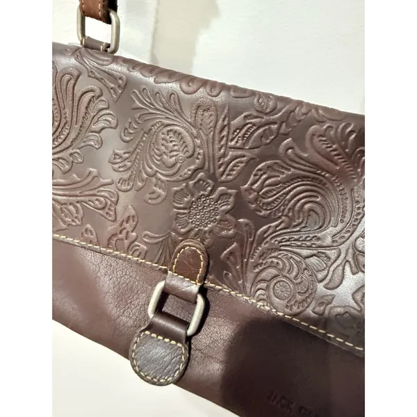 Jack Georges Voyager Crossbody Bag Brown Genuine Leather Floral Carving‎ Boho U - Image 5