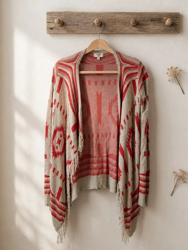 Umgee Red and Tan Fringe Open-Front Cardigan - Image 3