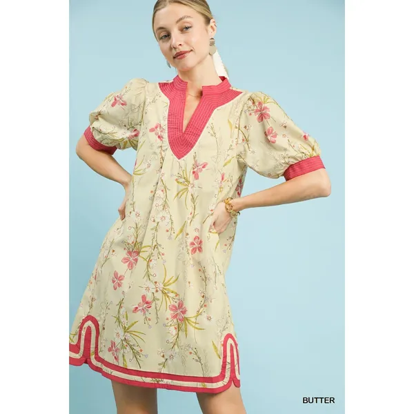 Umgee Floral Puff Sleeve Dress with‎ Contrast Trim - Butter - Small - Image 3