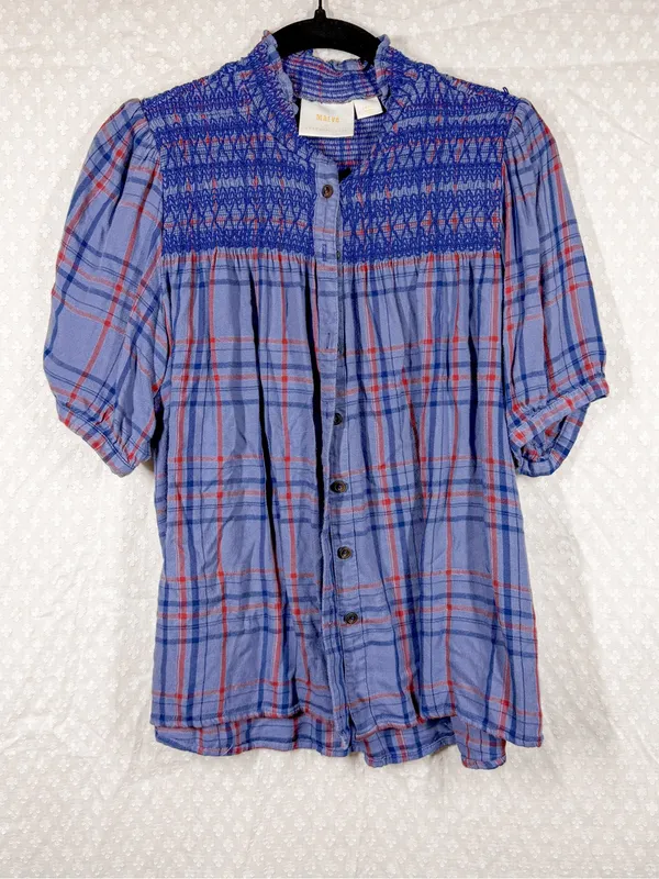 Anthropologie Maeve Blue Lise Plaid Smocked Button‎ Up Top - Image 2