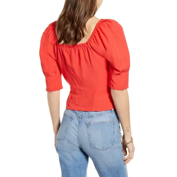 Something Navy Womens Red Linen Blend Puff Sleeve‎ Button Front Peplum Blouse S - Image 2