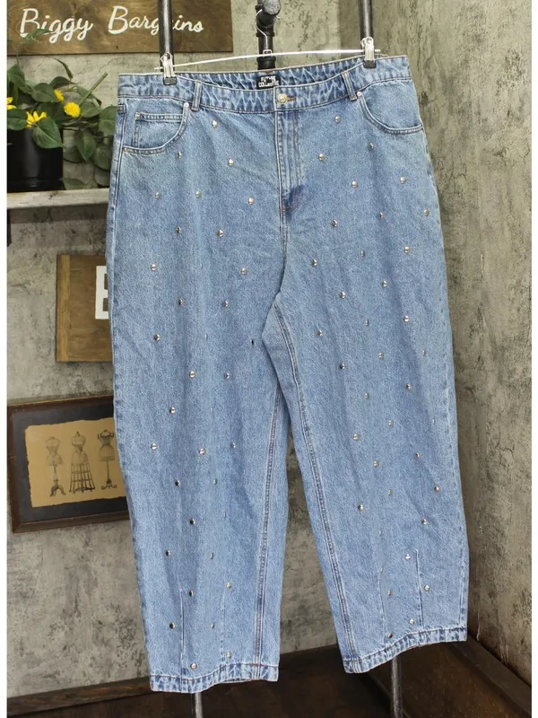 NEW Future Collective Womens Mid-Rise Studded Barrel Leg Jeans Blue Denim 18 - Image 2