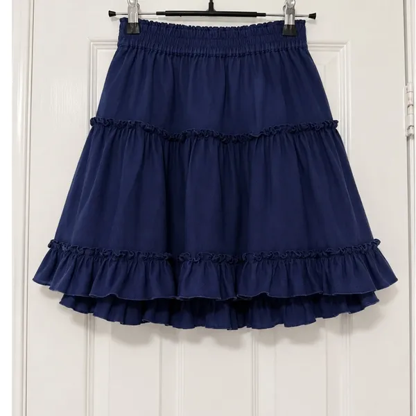 Hill House Navy Linen Tiered Ruffle Mini Skirt XS Elastic Waist Lined Cottage - Image 4
