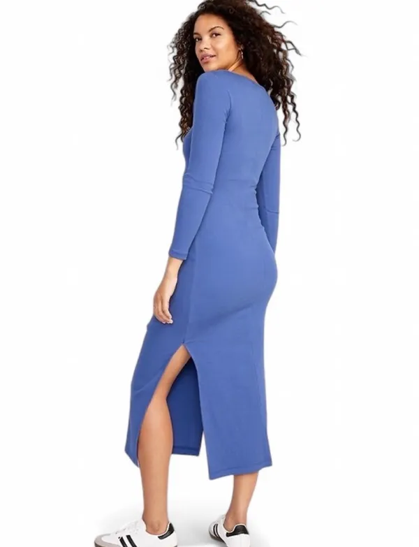 Old Navy Dress Sz XL Square Neck Long Sleeve Maxi Side Slits Ribbed Textured - Image 2