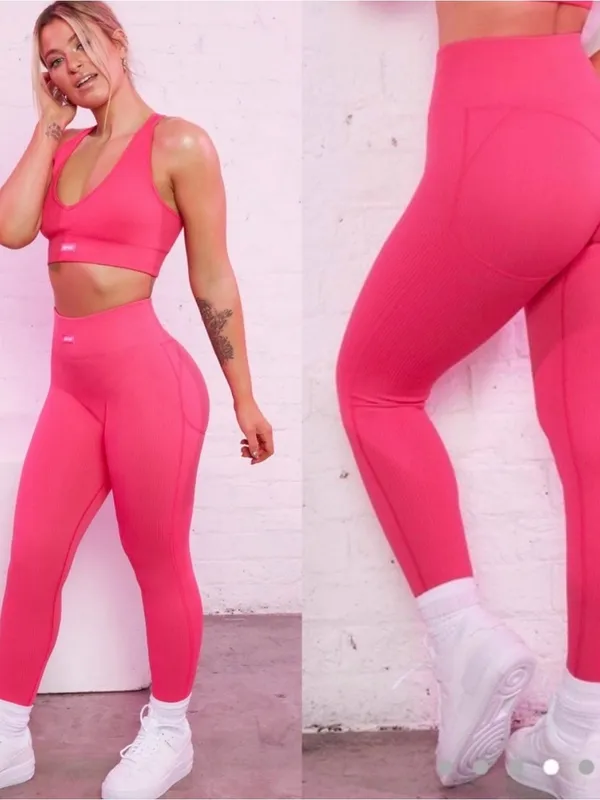 Bo+Tee Strong Ribbed Butt Lifting Leggings Size Small - Hot Pink - Image 2