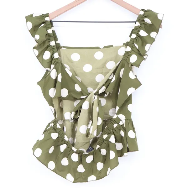 SHEIN Olive Green Polka Dot Ruffle Strap Peplum Top Back Tie Large L 8/10 - Image 5