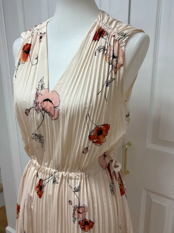 Vince‎ Tossed Poppy Pink V-Neck Pleated Midi Sleeveless Dress - Size S. - Image 6