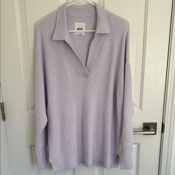 Aerie CozyUp Waffle Polo Oversized Sweater Lavender Dawn Small - Image 2