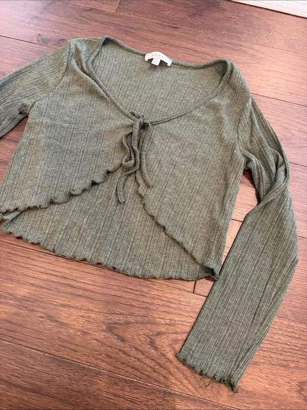 Gaze Knit Crop Cardigan Sweater Open Front Tie Women in Green XS - C33-059 - Image 5