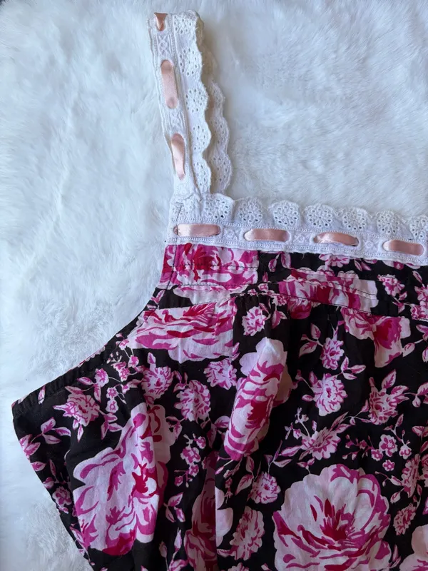Y2K Cottagecore Floral Lace Trim Pink Rose Print Button Front Nightgown - Image 3