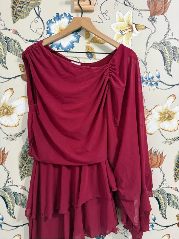 ASOS DESIGN stretch chiffon one sleeve ruffle mini dress in burgundy Size S - Image 6