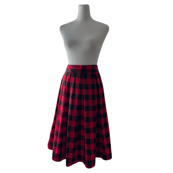 Red & Black Checker Print Pleated A-Line Midi Skirt - Image 4