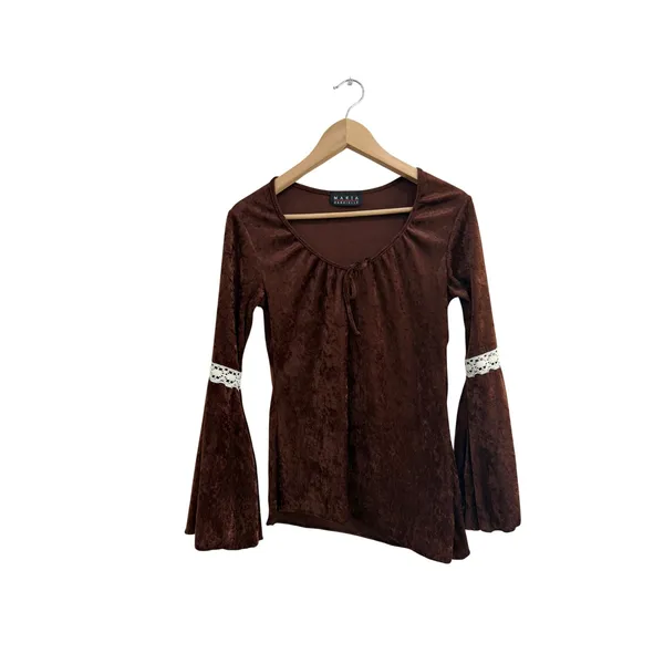 Maria Gabrielle Vintage Y2K Brown Velour Bell Sleeve Asymmetrical Hem Top XS - Image 2