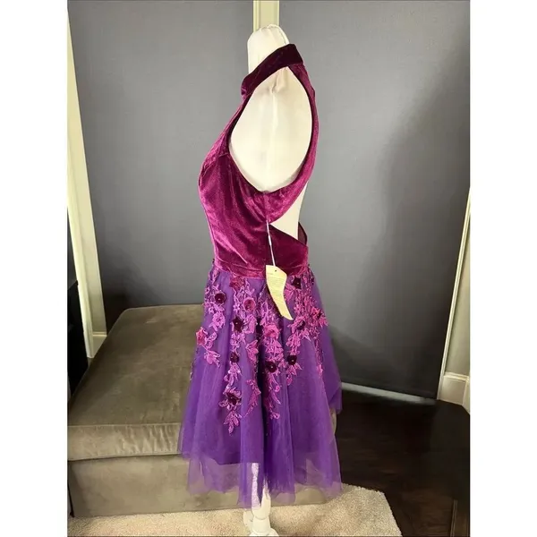 Women’s Velvet Halter Purple Party Dress Floral Tulle Skirt Size M NWT - Image 7