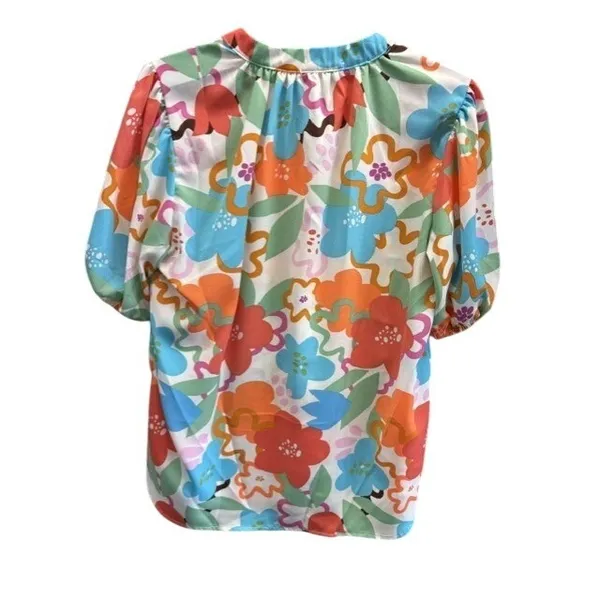 Entro Womens Floral Split Neck Puff Sleeve Blouse Multicolor Retro Print‎ - Image 2