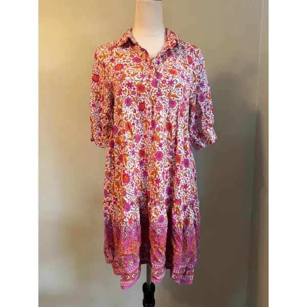 Natural Life Floral Tiered Boho Mini Dress Pink Orange Rayon Small whimsi dainty - Image 2