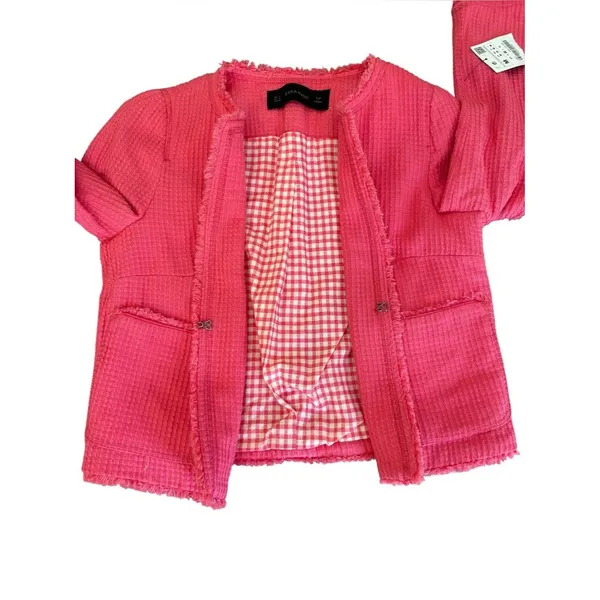 Zara Basic Cotton Tweed Jacket Frayed Fringe Pink Womens Size Medium NEW - Image 10