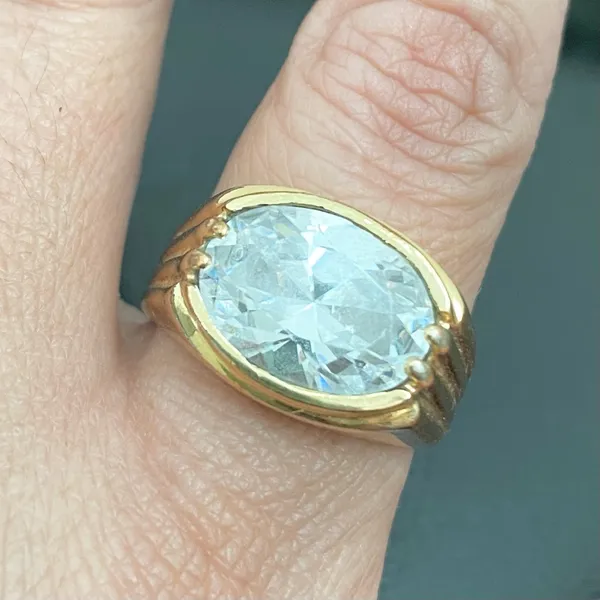 Vintage 18KGERSC Signed Gold-tone Oval CZ Stone Fashion Ring Size 10 - Image 4