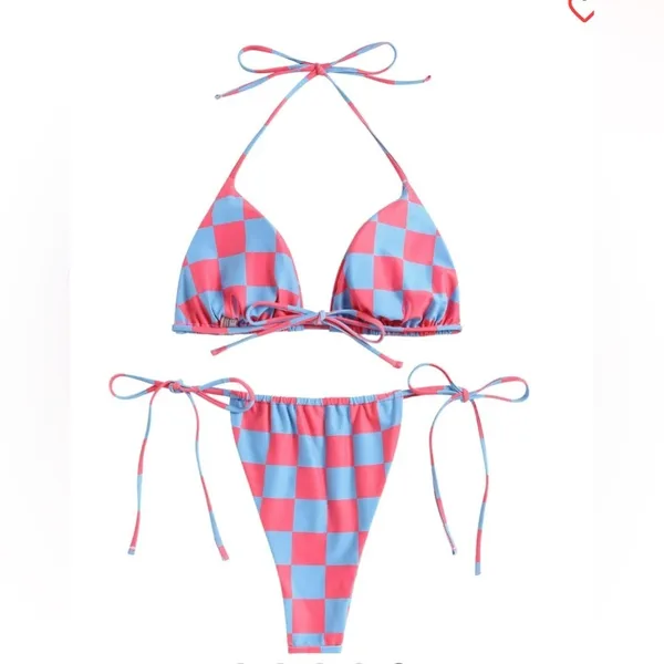 Zaful Checkered Bikini Set - Pink and Blue - Image 4