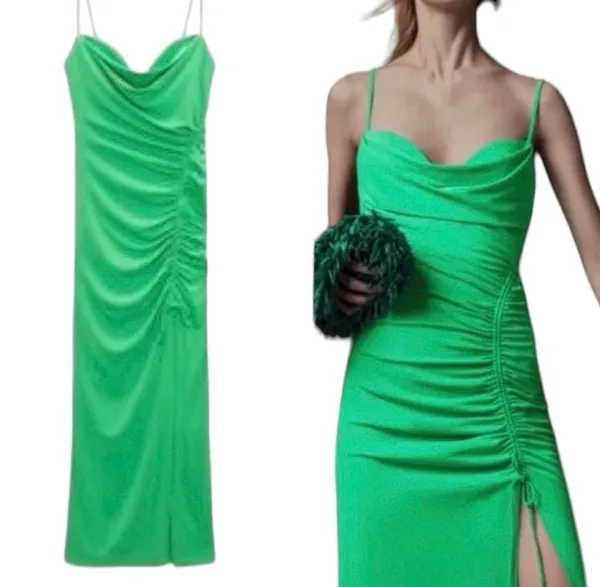 NWT Zara Green Long Bodycon Ruched Dress Draped Spaghetti Straps M Party - Image 2