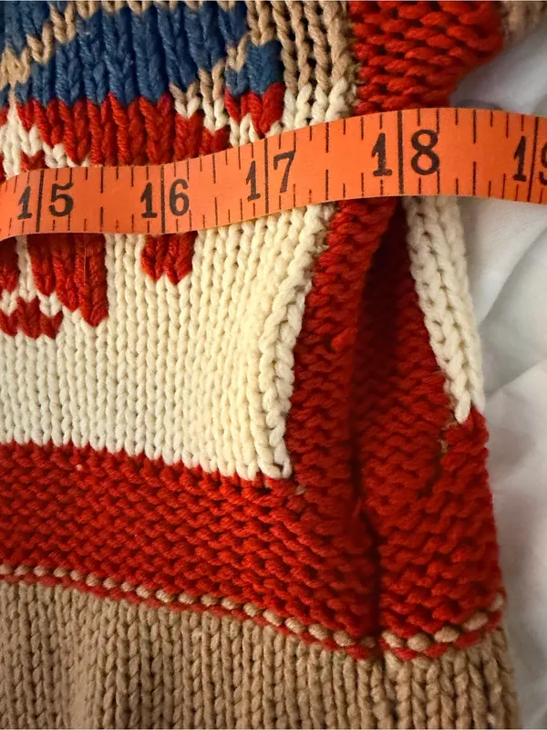 Vtg Sears Contemporary Corner Open-Front Shawl Cardigan Sweater Tan Red - Image 8