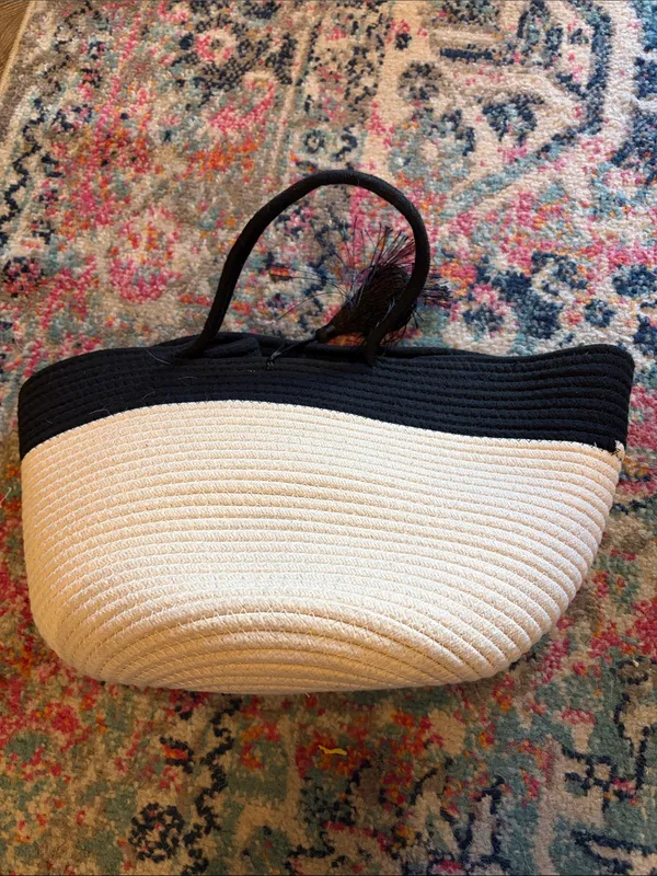 Two-Tone Black and Cream Woven Tote Bag - Image 3