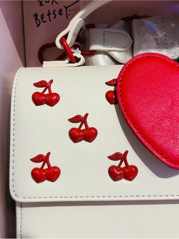 🍒👜BETSEY JOHNSON Cherry Top Handle Crossbody with Cherry Charm Chalk (Cream) Red - Image 5