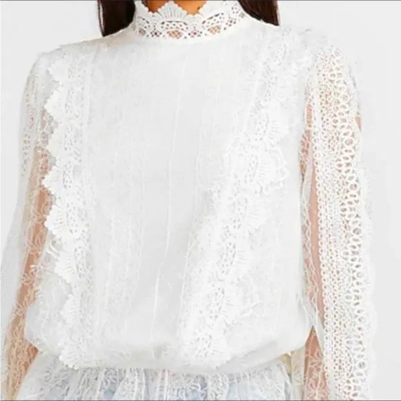 EXPRESS Scalloped Lace Mock Neck Peplum Top blouse shirt New satin lace shirt - Image 2