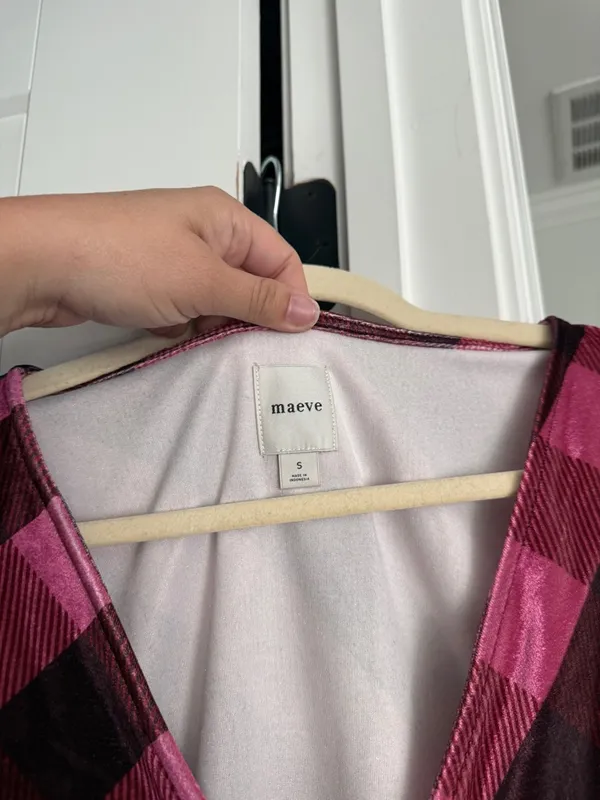 Maeve pink checkered babydoll Anthropologie‎ tie front peplum top - Image 3