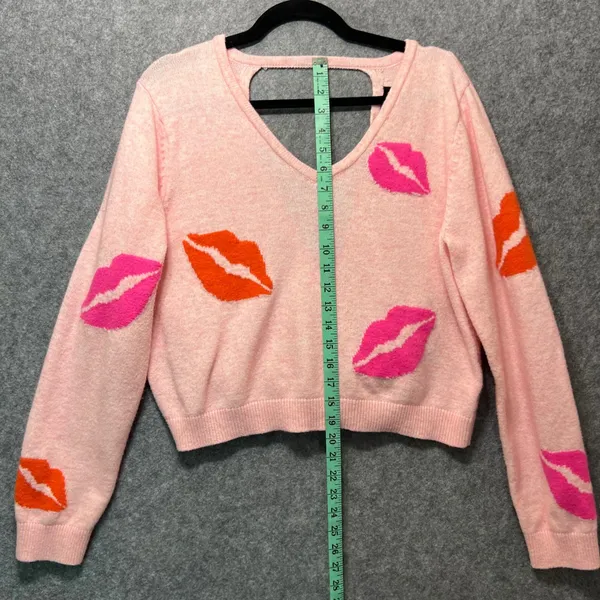 Witty Fox Pink Lips Print Long Sleeve V Neck Pullover Knit Sweater‎ XL - Image 5