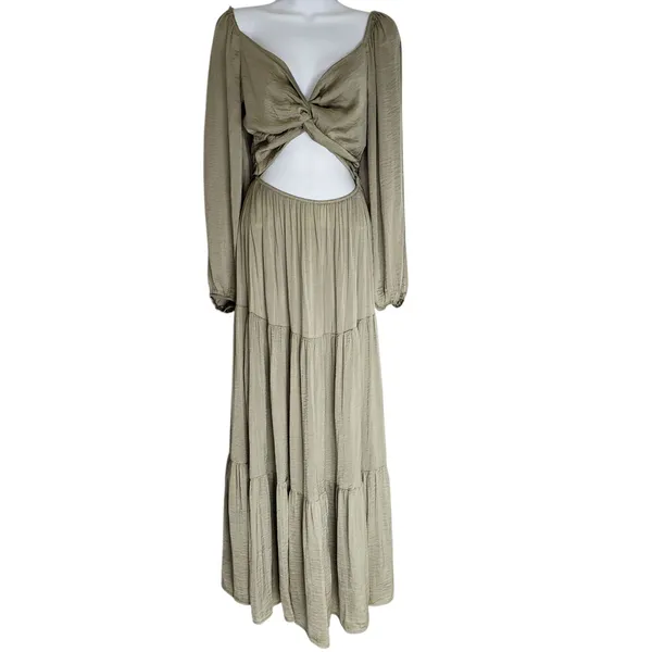 Anthropologie Mable Twist Cutout Tiered Maxi Dress Medium Green Puff Sleeve - Image 2