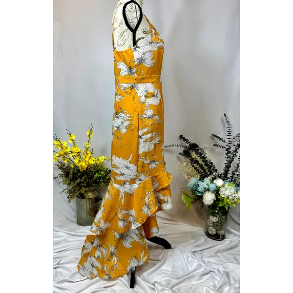 Lulu’s Darling Daylily Mustard Yellow Floral Print High-Low Maxi Dress M - Image 11