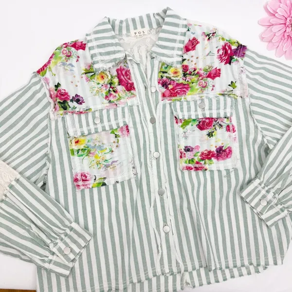 POL Striped Sage Multi Balloon Sleeve Printed Woven Mixed Print Shirt Shacket - Image 6
