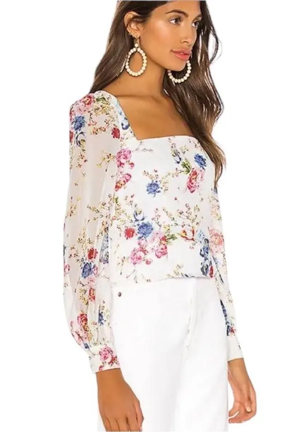 LPA CORA FLORAL LONG puff SLEEVE SQUARE NECK CROPPED BLOUSE TOP M - Image 2