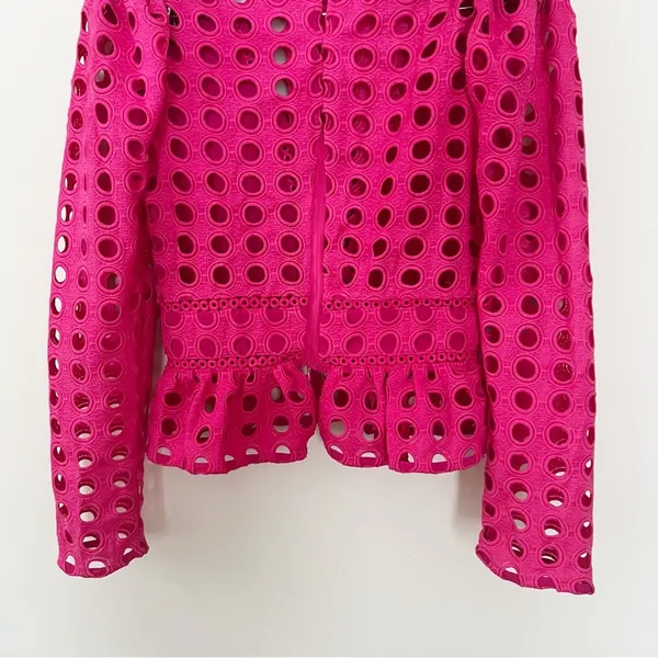 Lovers + Friends Hot Pink Puff Sleeve Peplum Top Cut Out Eyelet Size Small - Image 10