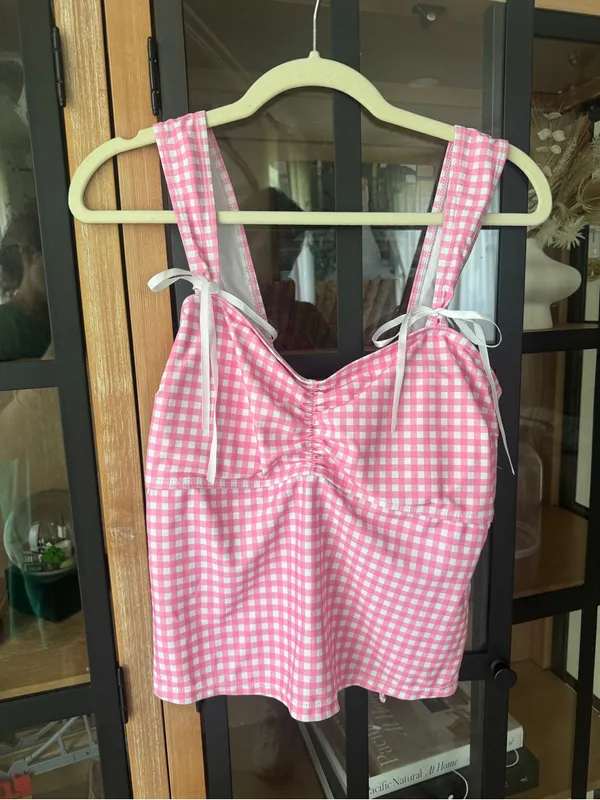 Seamolly gingham bikini top swimsuit tankini bow ruched cinched open back - Image 2