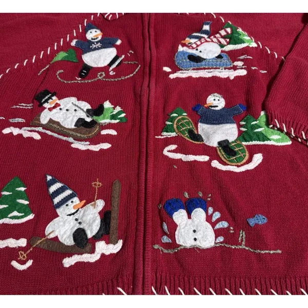 Women's L / XL Snowman Winter Ugly Christmas Cardigan Sweater‎ Knit - Image 2