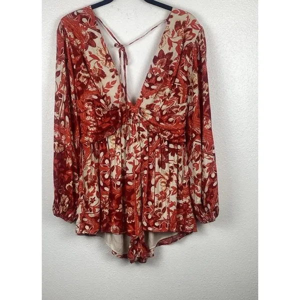 Free People Red Cream Floral V-Neck Long Balloon Sleeve Romper S Rayon - Image 2