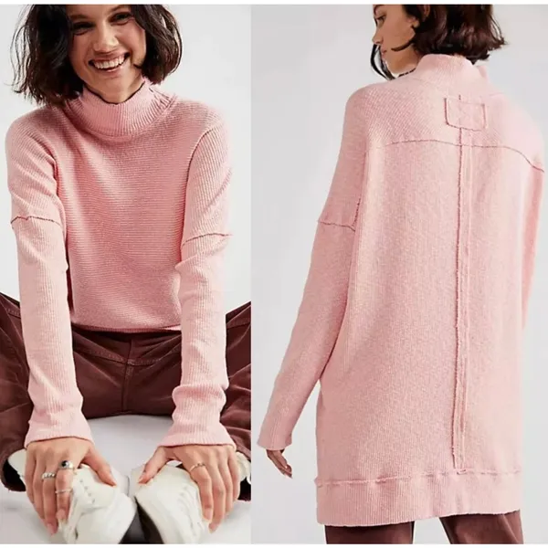 We The Free Pink Free People Casey Ribbed Knit Mock Neck Tunic Longline Sweater - Image 4