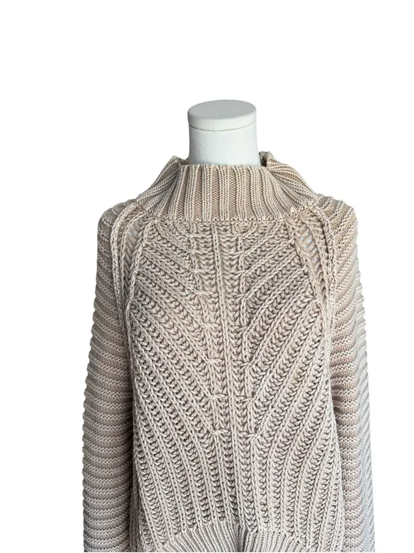 Free People - Sweetheart Mock Neck Chunky Cable Knit Sweater Sand Castle Sz M - Image 4