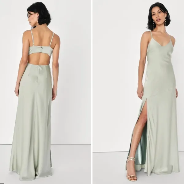 LULU's Bridesmaid Prom Wedding Sexy Open Back Satin Sage Green Maxi Dress - Image 3