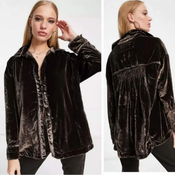 Free People Marianne Velvet Shirt Midnight Brown Dark Academia Gothic Blouse XS - Image 11