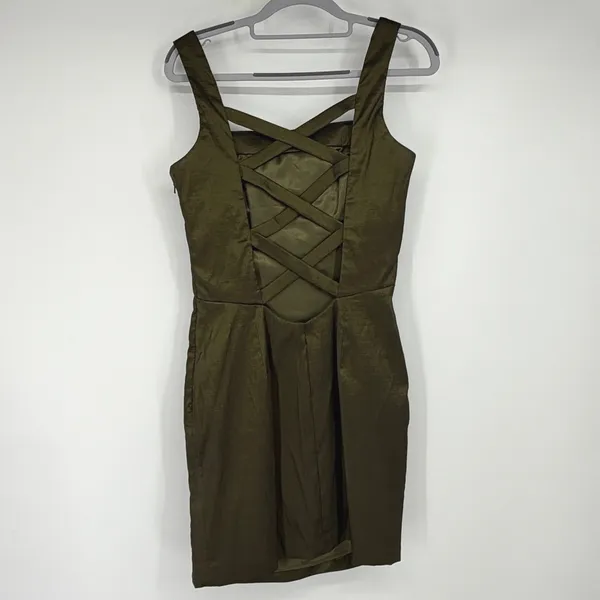 Jessica McClintock Olive Green Ruched Lattice Back Mini Dress‎ Size 10 Y2K - Image 3