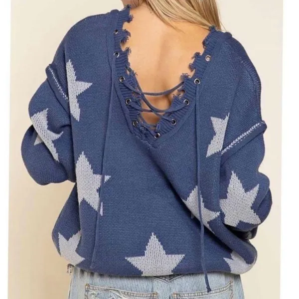 𝅺 Bohemian sweater with tattered raw edges, and Lace up front and back Med - Image 3