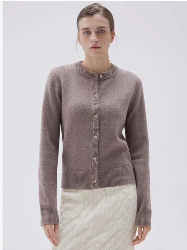 SUUKSESS Women S Camel Cashmere Blend Cardigan Sweater Gold Buttons Quiet Luxury - Image 5