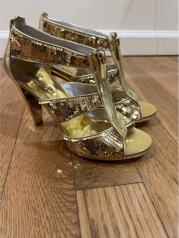 Size 8 Women’s Michael Kors Women's Gold Sequins Berkley Strap Heels IOB - Image 7