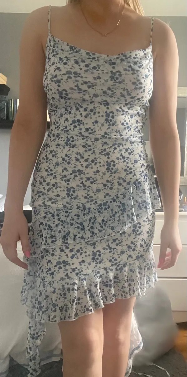& Other Stories Blue and white floral midi dress with ruffle hem and adjustable straps - Image 5