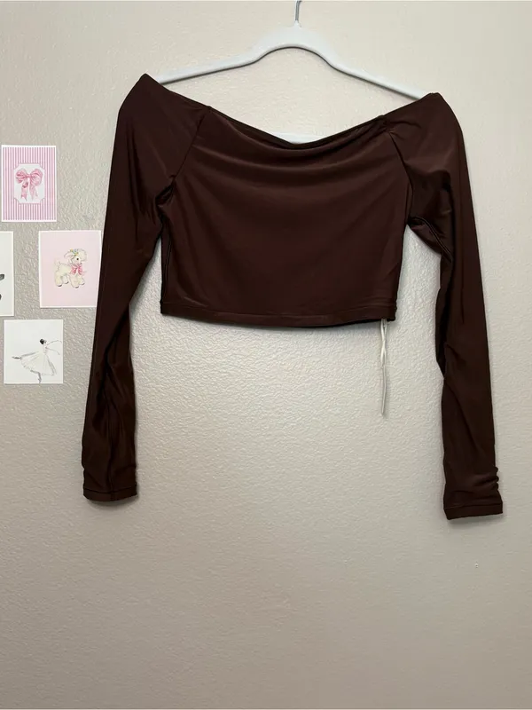 Aerie Smoothie’s Off Shoulder Long Sleeve Crop Top Chocolate Brown large boho - Image 3