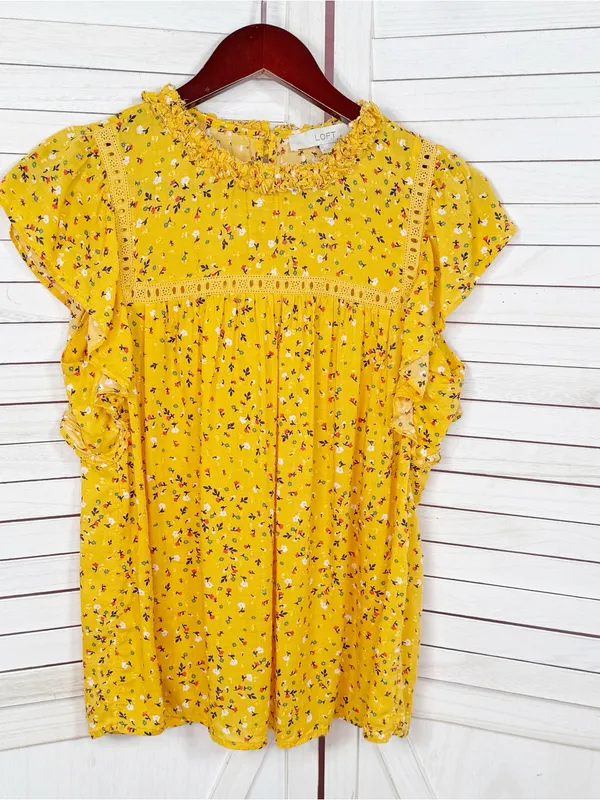 Loft Floral Flutter Sleeve Ruffle‎ Collar Blouse Top Yellow Small Cottageore - Image 7